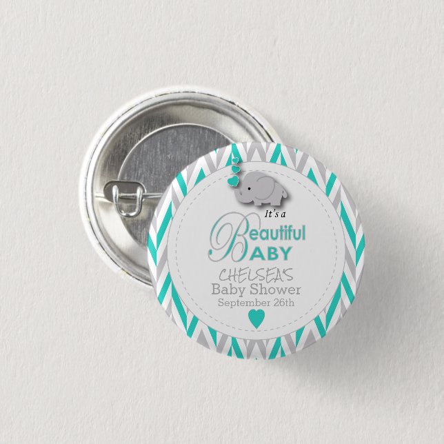 Turquoise, White Gray Elephant Baby Shower Button (Front & Back)