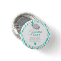 Turquoise, White Gray Elephant Baby Shower Button