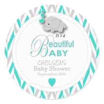 Turquoise, White Gray Elephant Baby Shower Classic Round Sticker