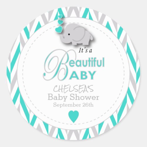 Turquoise White Gray Elephant Baby Shower Classic Round Sticker