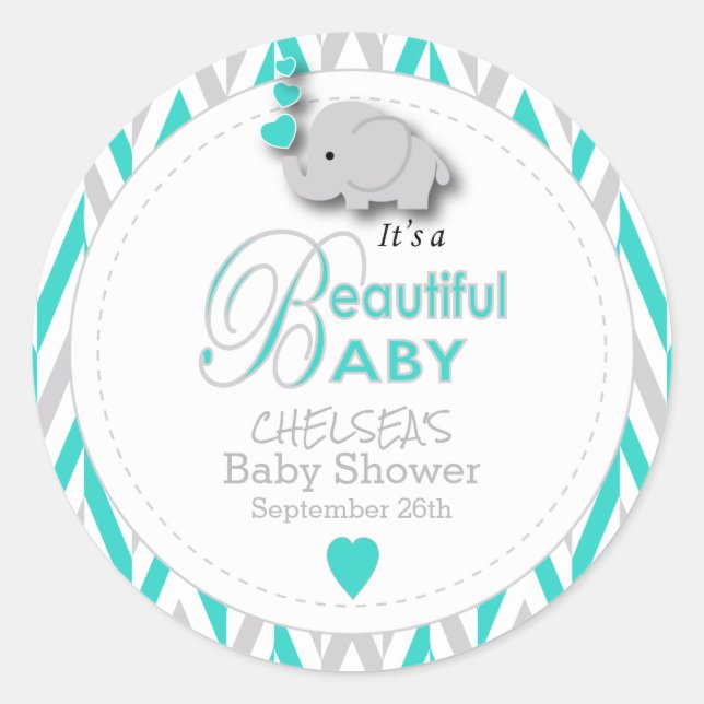 Turquoise, White Gray Elephant Baby Shower Classic Round Sticker (Front)