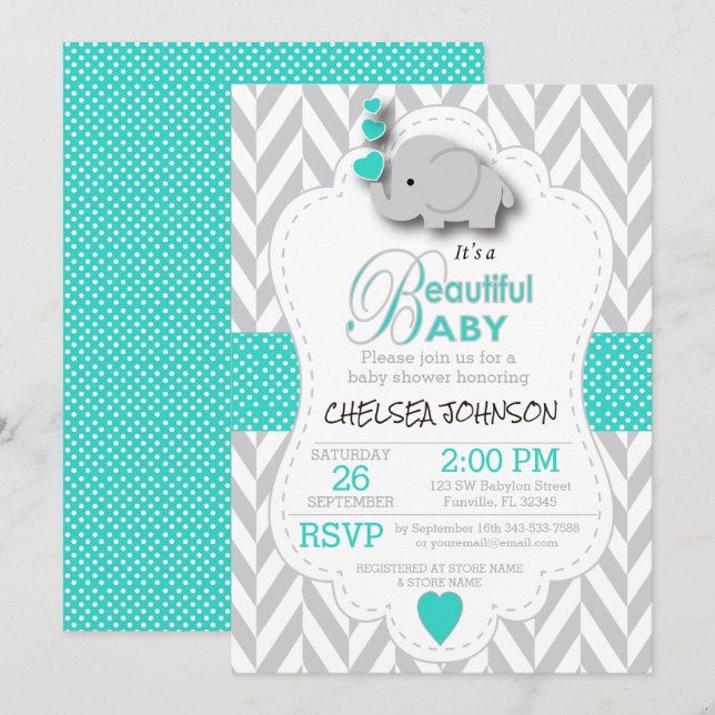 Turquoise, White Gray Elephant Baby Shower Invitation (Front/Back)