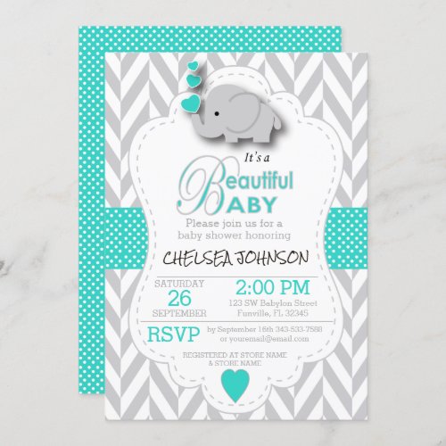 Turquoise White Gray Elephant Baby Shower Invitation