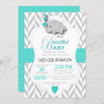 Turquoise, White Gray Elephant Baby Shower Invitation