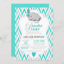 Turquoise, White & Gray Elephant Baby Shower Invitation