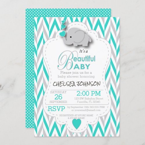 Turquoise White  Gray Elephant Baby Shower Invitation