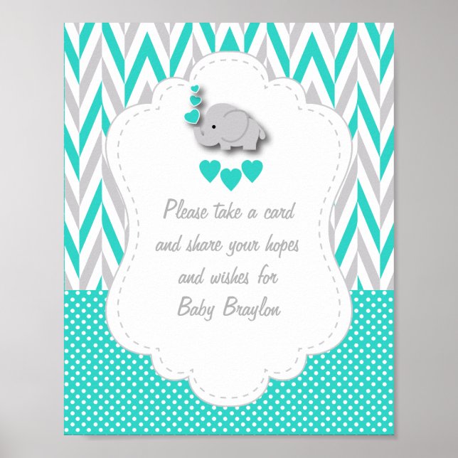 Turquoise, White Gray Elephant Baby Shower Poster (Front)