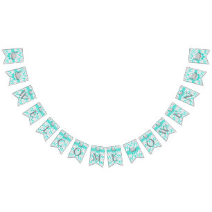 Turquoise, White Gray 🐘 Elephant Baby Welcome Bunting Flags