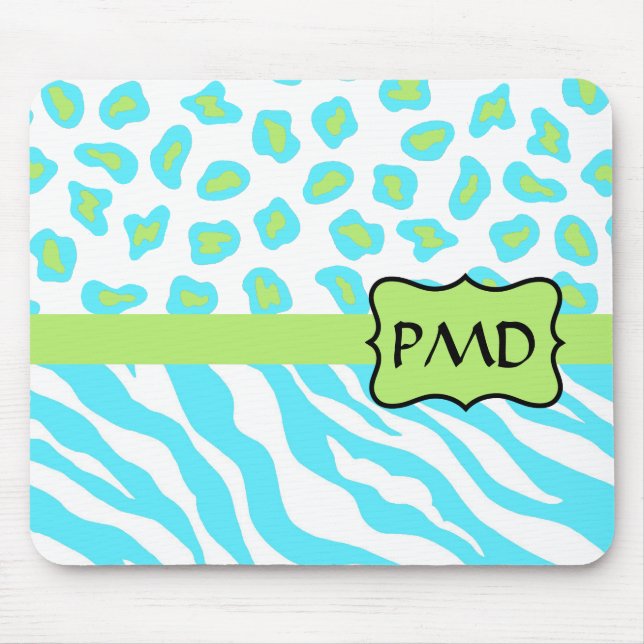 Turquoise, White & Green Zebra & Cheetah Custom Mouse Pad (Front)