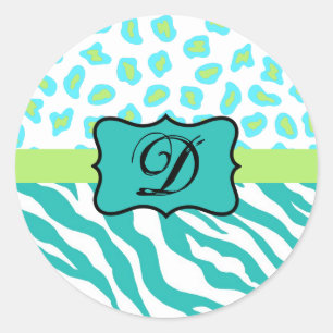 Turquoise White Green Zebra Leopard Skin Monogram Classic Round Sticker