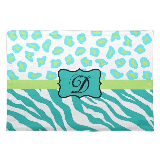 Turquoise White Green Zebra Leopard Skin Monogram Cloth Placemat (Front)