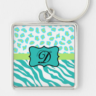 Turquoise White Green Zebra Leopard Skin Monogram Keychain