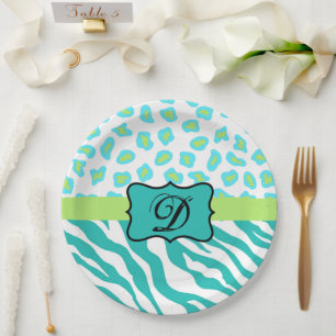 Turquoise White Green Zebra Leopard Skin Monogram Paper Plates