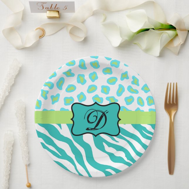 Turquoise White Green Zebra Leopard Skin Monogram Paper Plates (Wedding)
