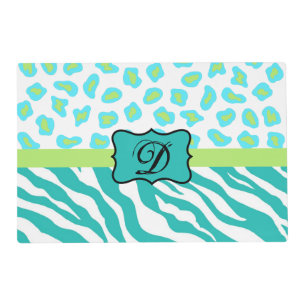 Turquoise White Green Zebra Leopard Skin Monogram Placemat