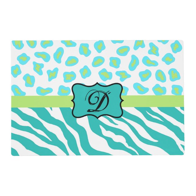 Turquoise White Green Zebra Leopard Skin Monogram Placemat (Front)