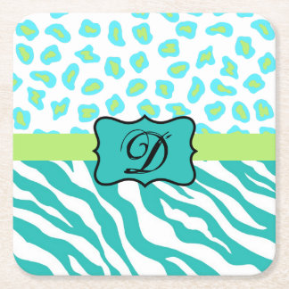 Turquoise White Green Zebra Leopard Skin Monogram Square Paper Coaster