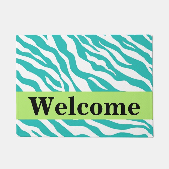 Turquoise White Green Zebra Skin Pattern Welcome Doormat (Front)