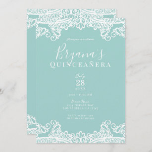 Turquoise & White Lace Elegant Quinceañera Party   Invitation