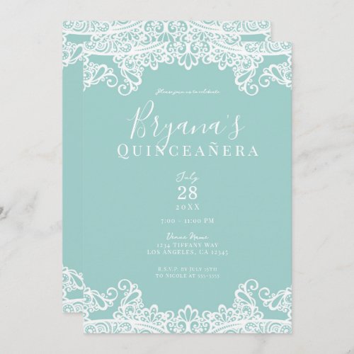 Turquoise  White Lace Elegant Quinceaera Party   Invitation