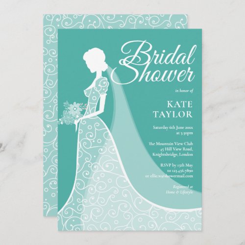 Turquoise White Lace Gown Bridal Shower Invitation