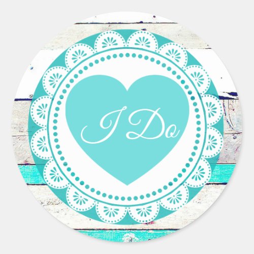 Turquoise White Lacey I Do WeddingStickers Classic Round Sticker