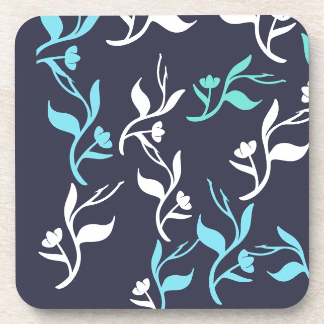 Turquoise White Leaves Pattern Product Beverage Coaster (Front)