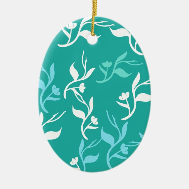 Turquoise White Leaves Pattern Product Ceramic Ornament (Front)