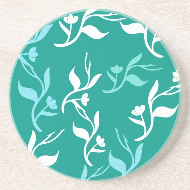 Turquoise White Leaves Pattern Product Coaster (Front)