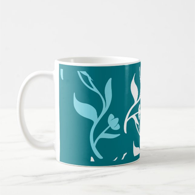 Turquoise White Leaves Pattern Product Coffee Mug (Left)