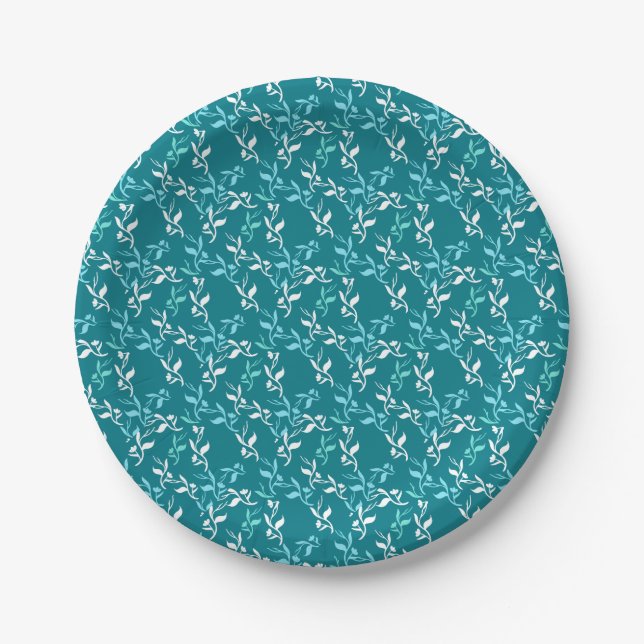 Turquoise White Leaves Pattern Product Paper Plates (Front)