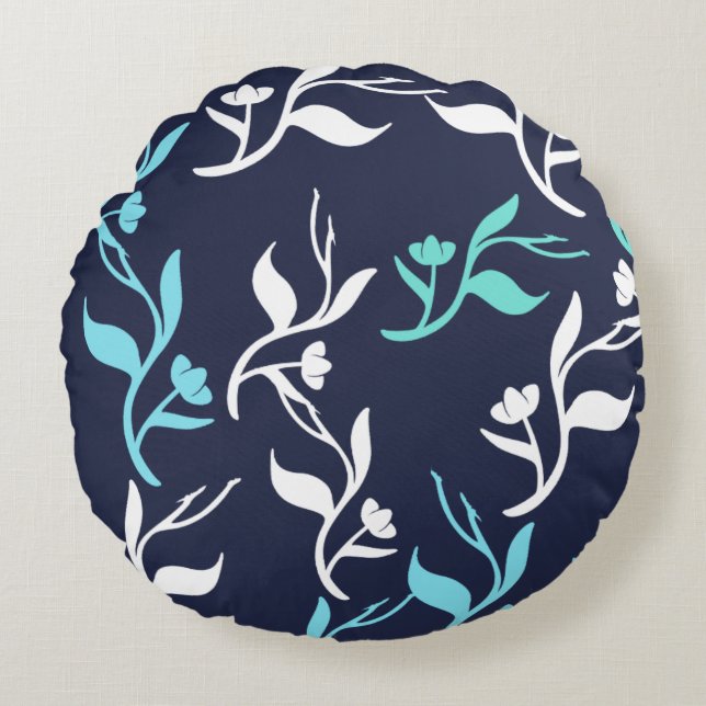 Turquoise White Leaves Pattern Product Round Pillow (Front)