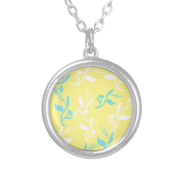 Turquoise White Leaves Pattern Product Silver Plated Necklace (Front)