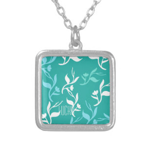 Turquoise White Leaves Pattern Product Silver Plated Necklace