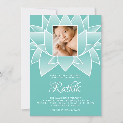 Turquoise White Lotus First Rice Photo Invitation