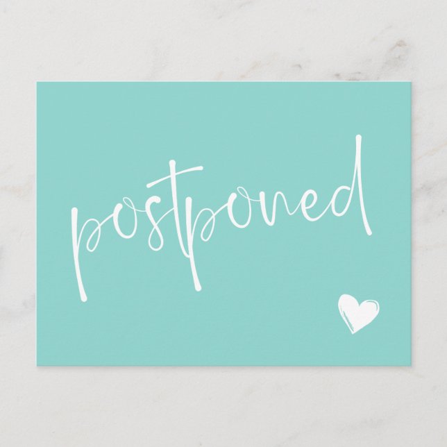 Turquoise White Minimalist Postponed Wedding Announcement Postcard (Front)