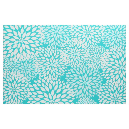 Turquoise White Modern Dahlia floral print Fabric