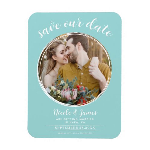 Turquoise  White Modern Round Photo Save the Date Magnet