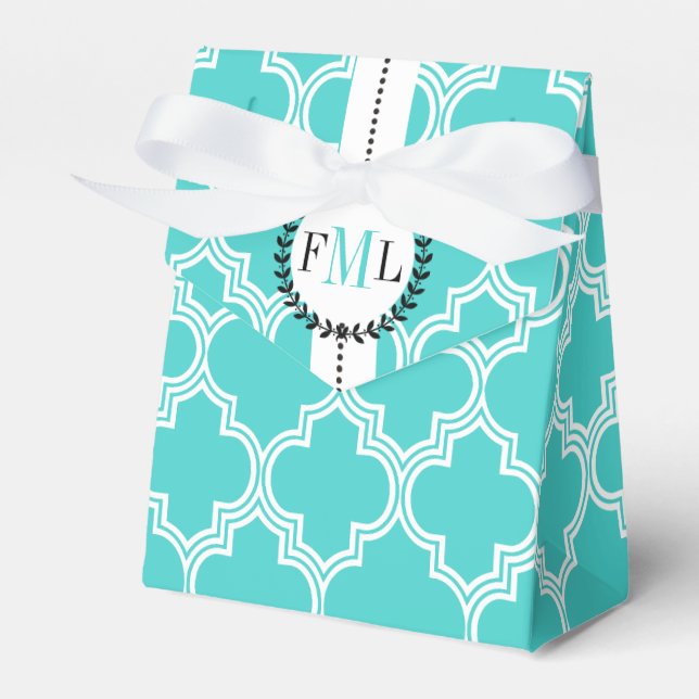 Turquoise, white Moroccan monogram wedding Favor Boxes (Front Side)