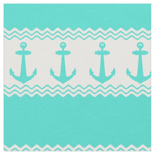 Turquoise White Nautical Anchor Coastal Stripes Fabric