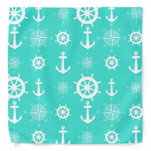 Turquoise White Nautical Coastal Boating Bandana (Front)
