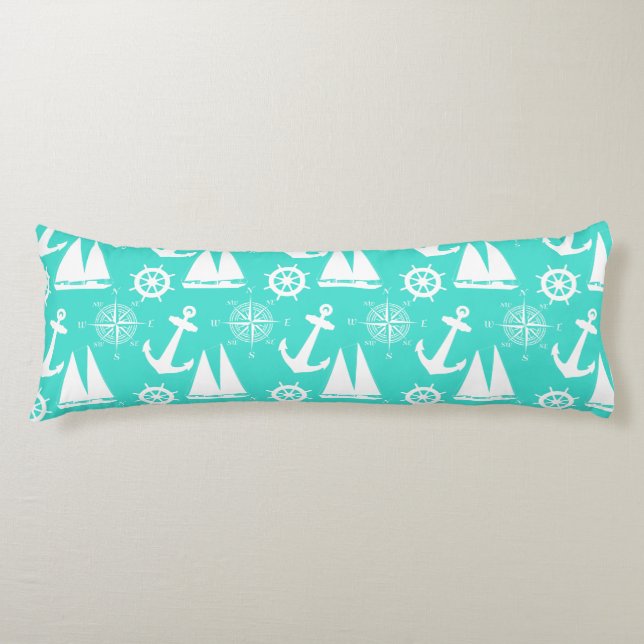 Turquoise White Nautical Coastal Boating Body Pillow (Front)