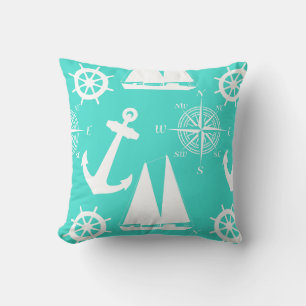 Turquoise White Nautical Coastal Boating Throw Pillow