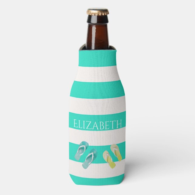 Turquoise white nautical stripes beach name bottle cooler (Bottle Front)