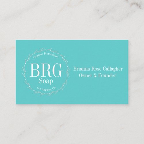 Turquoise White Organic Botanical Wreath Monogram Business Card