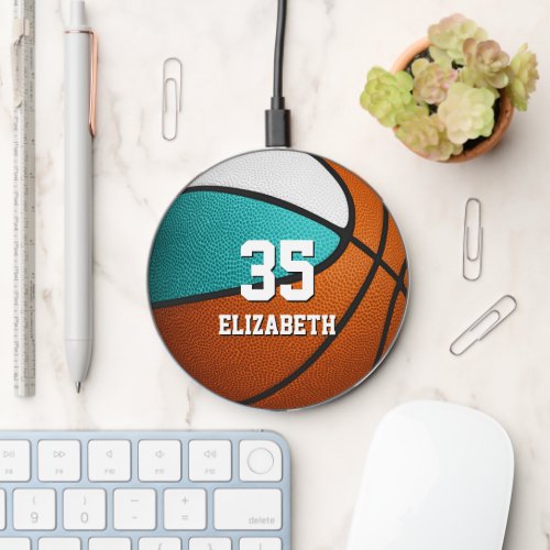 turquoise white personalized basketball wireless charger 