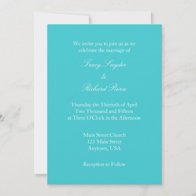 Turquoise White Plain Simple Wedding Invitation (Front)