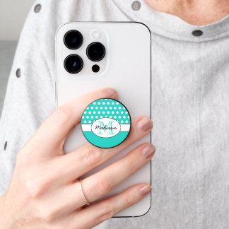 Turquoise White polka dots retro pattern Monogram PopSocket