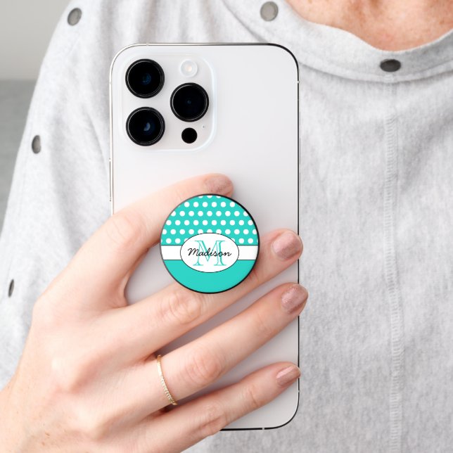 Turquoise White polka dots retro pattern Monogram PopSocket (Hand)