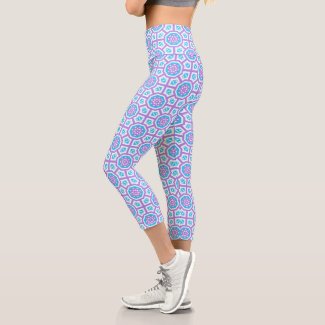 Turquoise White & Purple Elegant Geometric Pattern Capri Leggings